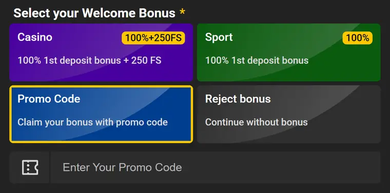 Betolimp promo code field on the registration form with Casino, Sport and Promo Code bonus options
