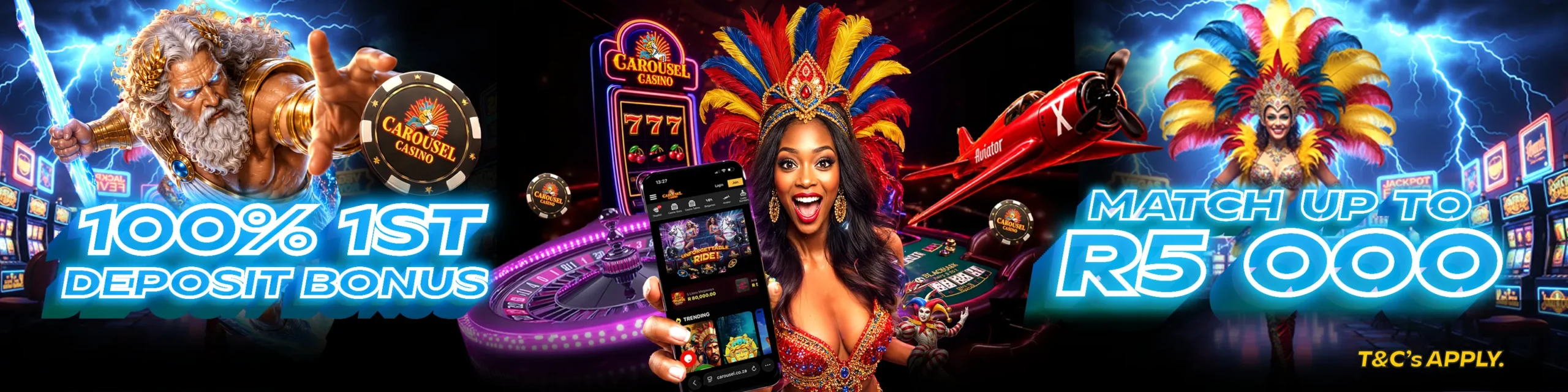 Carousel Casino welcome bonus banner: 100% first deposit match up to R5,000