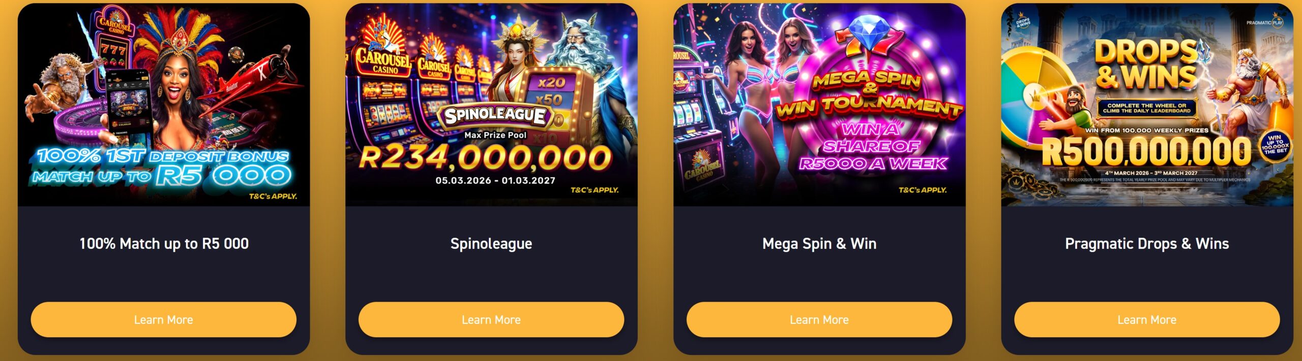 Carousel Casino promotions page showing Spinoleague, Mega Spin and Win, Drops and Wins and deposit match banners