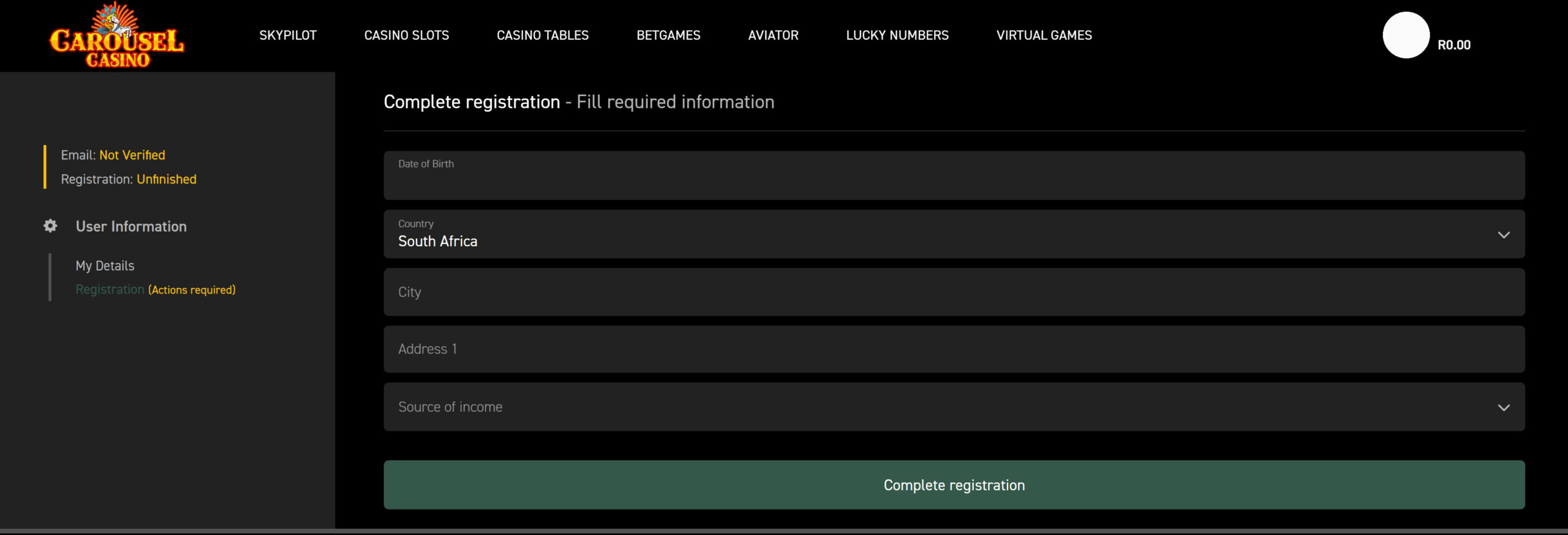 Carousel Casino complete registration form with date of birth, country, city, address and source of income fields