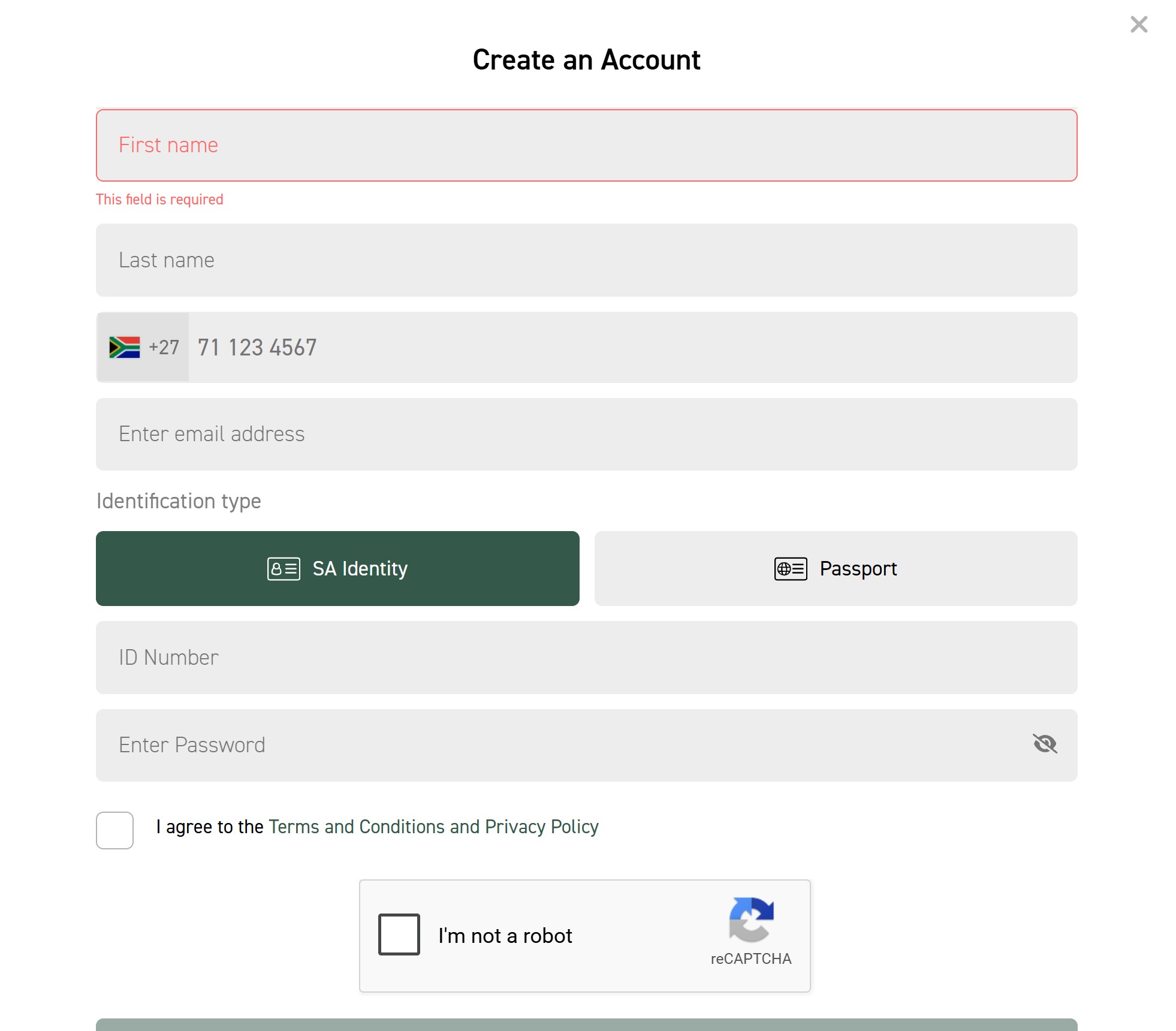 Carousel Casino create an account form with name, phone, email and SA ID or passport fields