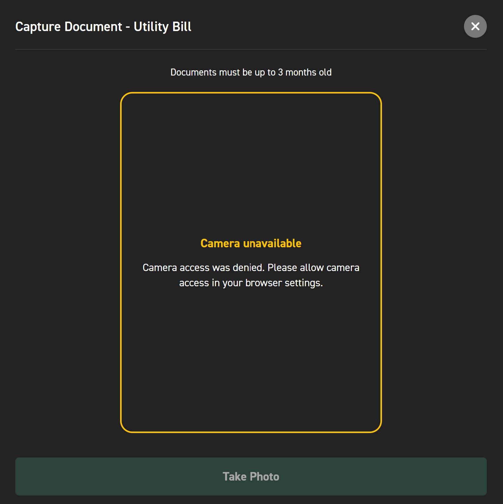 Carousel Casino utility bill capture screen showing camera unavailable message on desktop