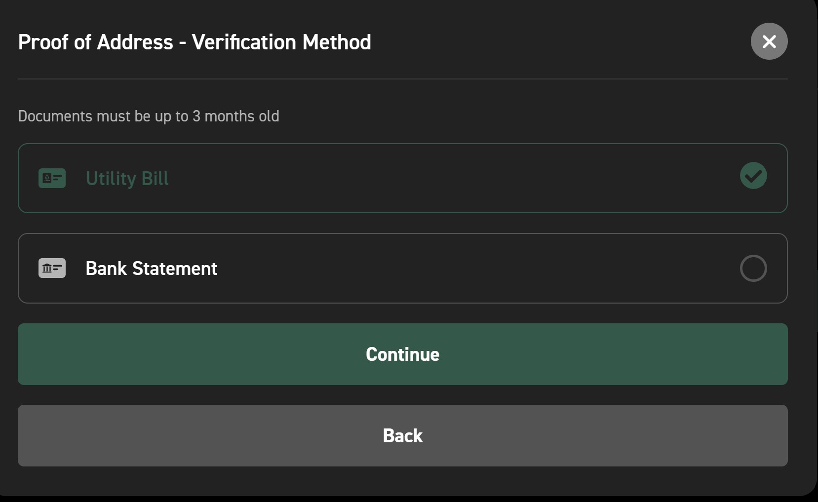 Carousel Casino proof of address document selection with utility bill and bank statement options