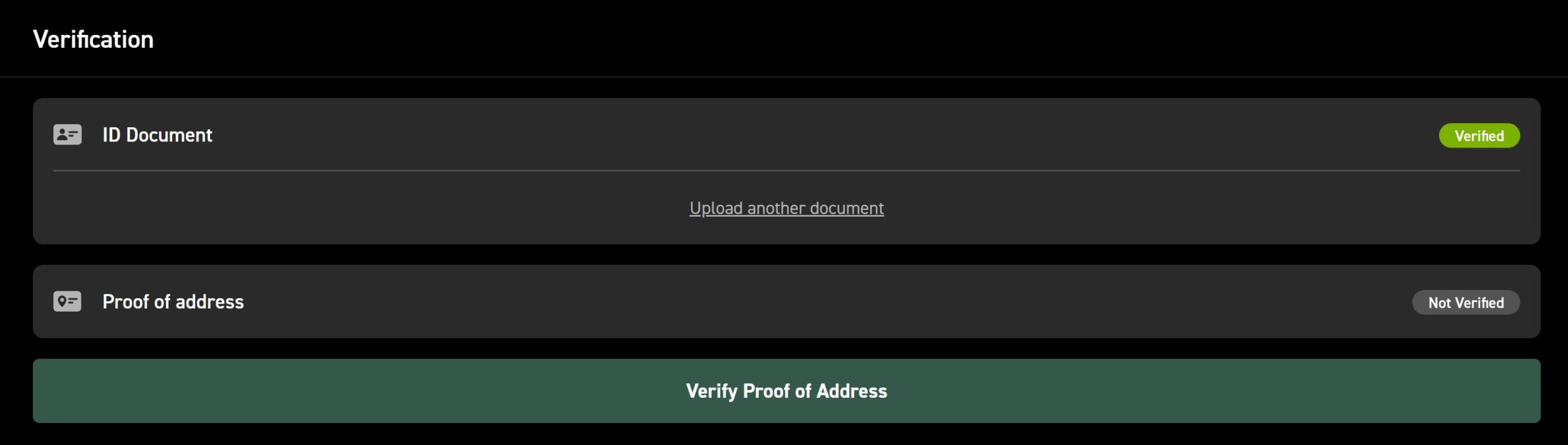 Carousel Bets verification screen showing ID document verified and proof of address not verified